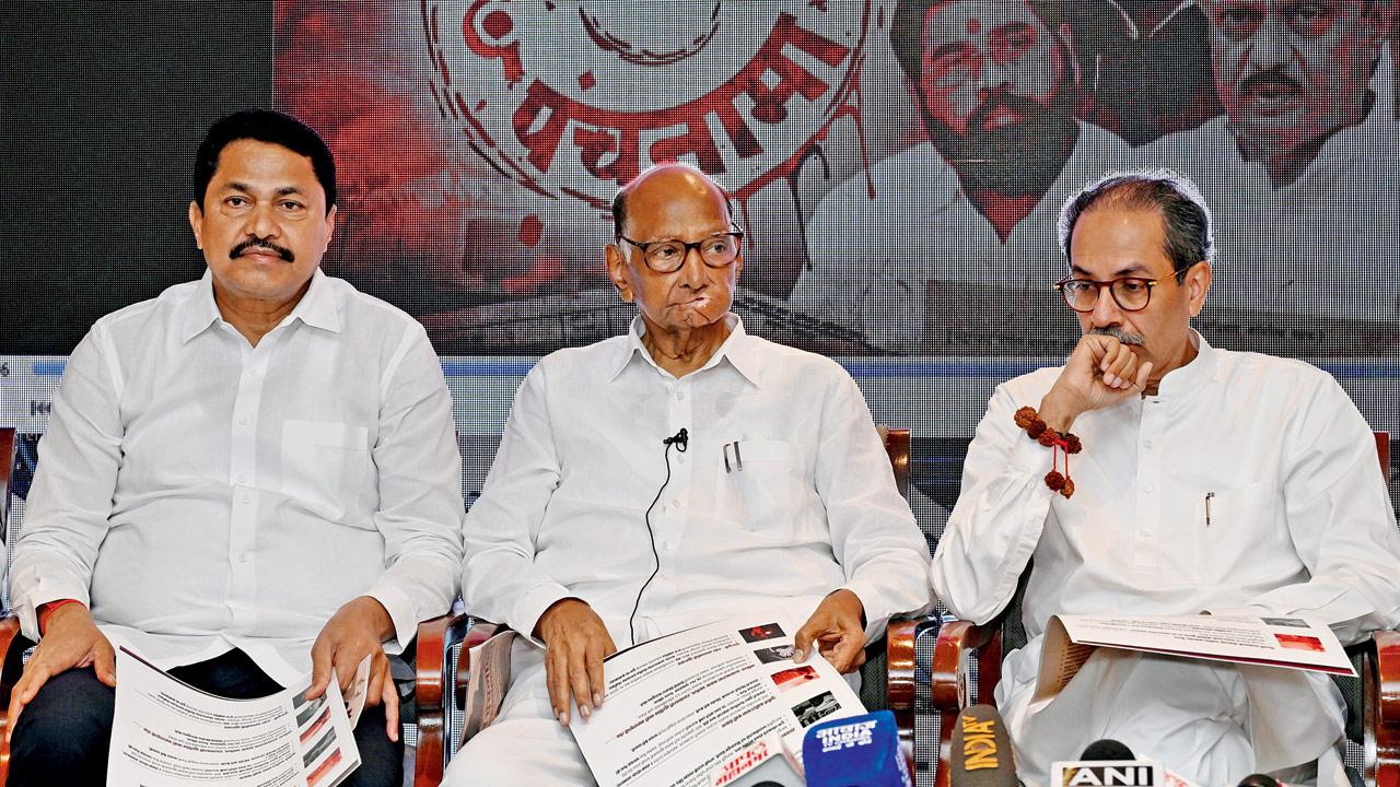 MPCC President Nana Patole, NCP-SP National President Sharad Pawar, and Shiv Sena (UBT) Chief Uddhav Thackeray. File Pic/Satej Shinde