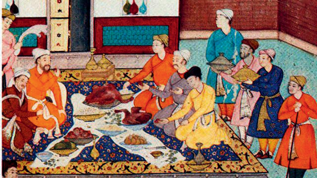 A 16th-century miniature painting depicts Babur at a banquet, where the menu included roast goose. Pic/Wikimedia Commons