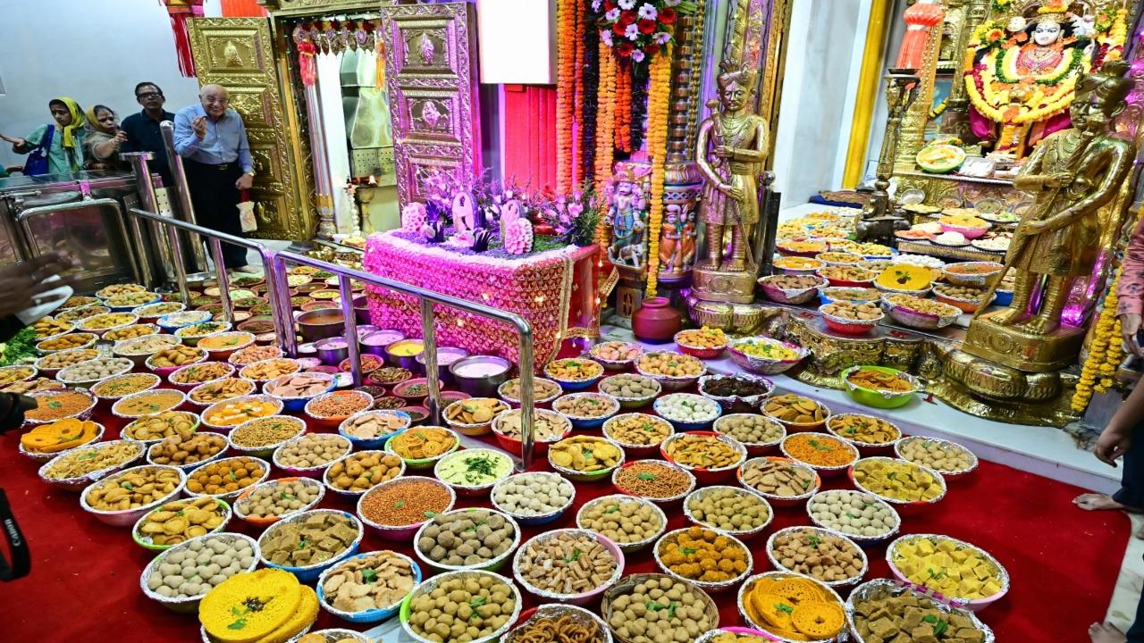 On the day of the Annakut festival, the temple is decorated with flowers, lights, and other decorations