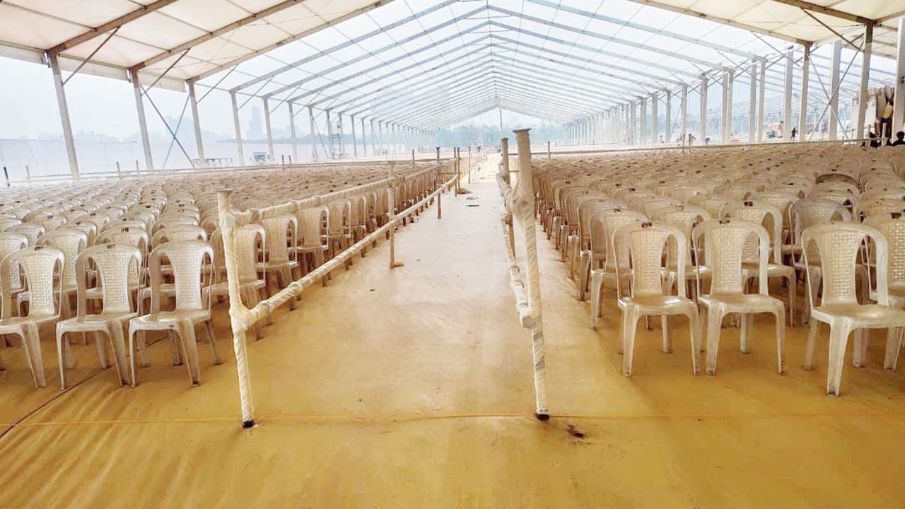 Chairs arranged at the venue where PM Narendra Modi will address the gathering today 