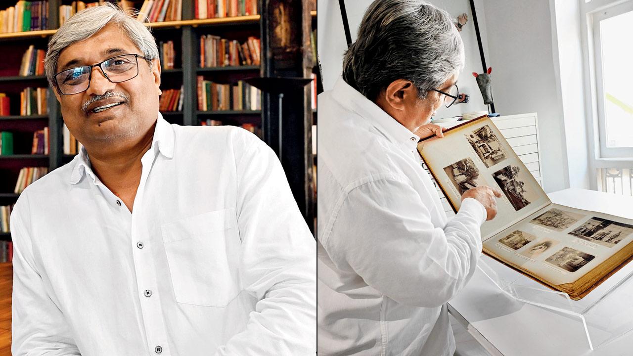 Paul Abraham (inset) opens a photo book that documented the Plague of Bombay (Title: Plague Visitation, Bombay; 1896-97) and its aftermath that includes images of records, sanitation and medical updates of that period