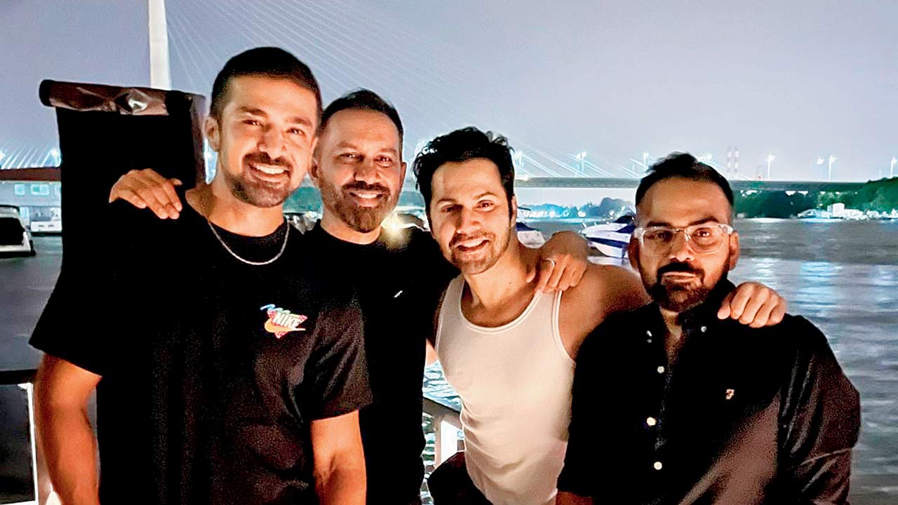 (From left) Saqib Saleem with Raj Nidimoru, Varun Dhawan and Krishna DK