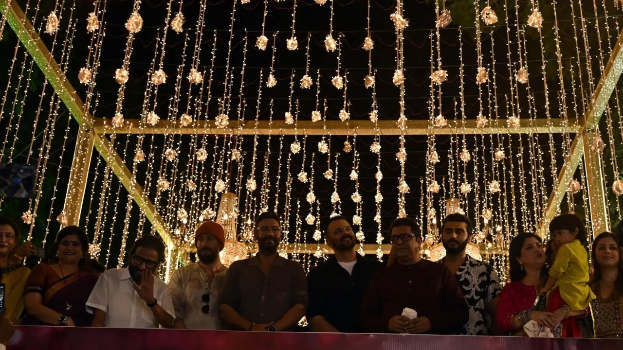 Arjun Kapoor, Ajay Devgn, Rohit Shetty and Tiger Shroff, the cast of 'Singham Again' meet Raj Thackeray at a Diwali party hosted by him. Photo Courtesy: Ashish Raje