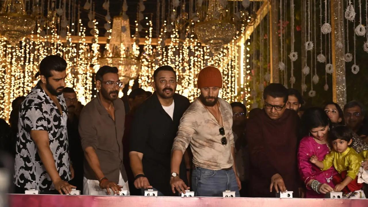 Arjun Kapoor, Ajay Devgn, Rohit Shetty and Tiger Shroff with Indian politician Raj Thackeray at the Diwali party. Photo Courtesy: Ashish Raje