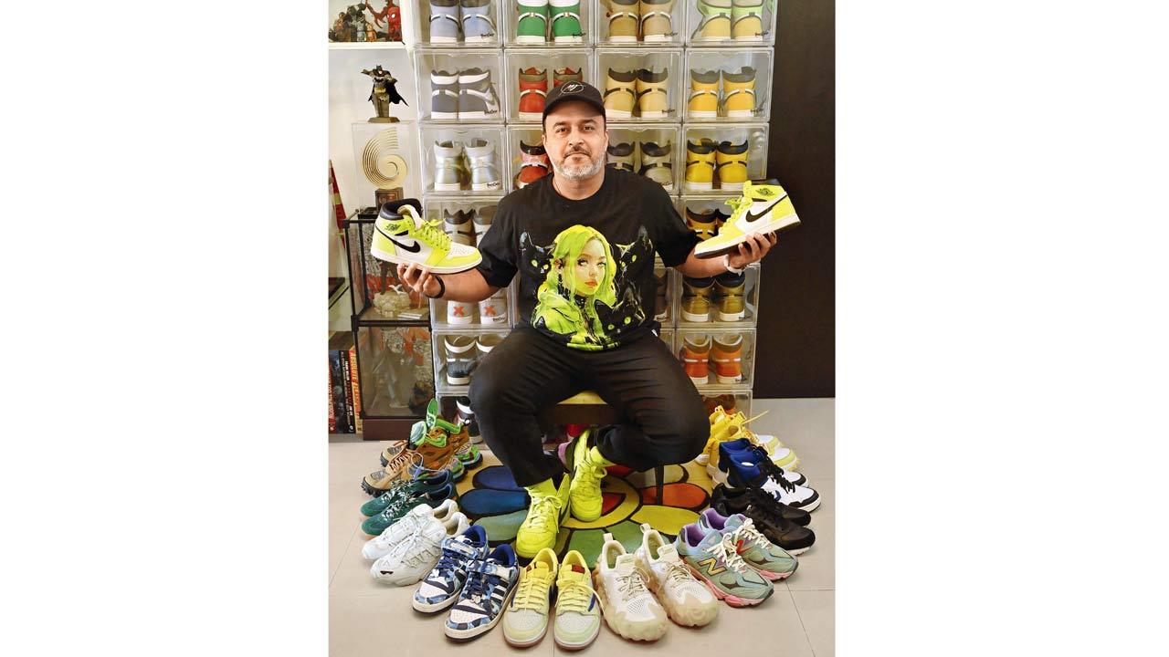 Singer, producer, TV show host, and sneakerhead Mihir Joshi with his collection at his home. Pic/Atul Kamble 