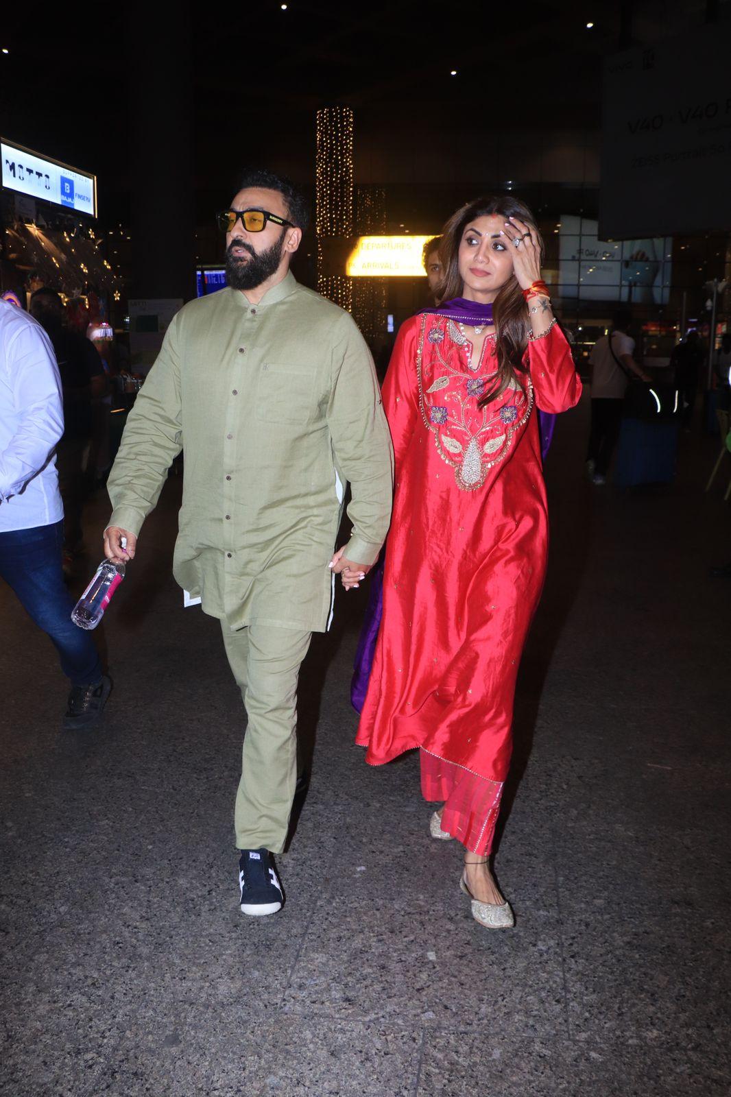 Raj was later snapped with Shilpa. The actress was looking absolutely stunning in a red outfit