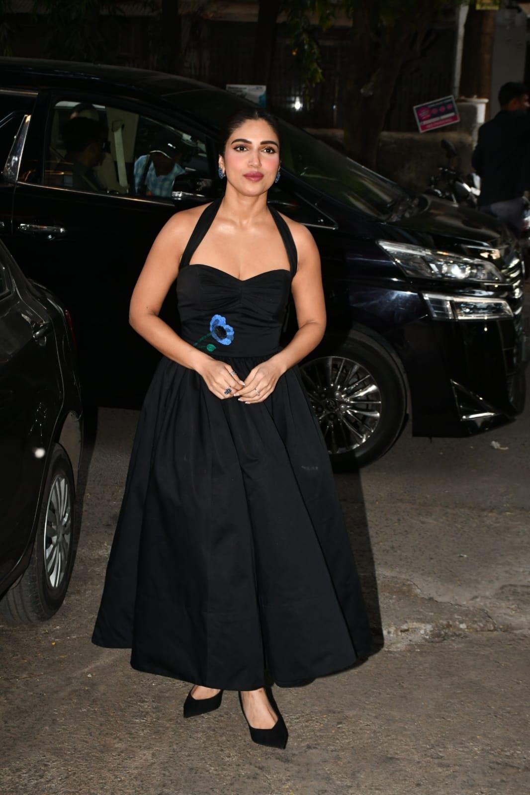 Bhumi Pednekar looked drop-dead gorgeous in a black gown with blue flower prints on it.