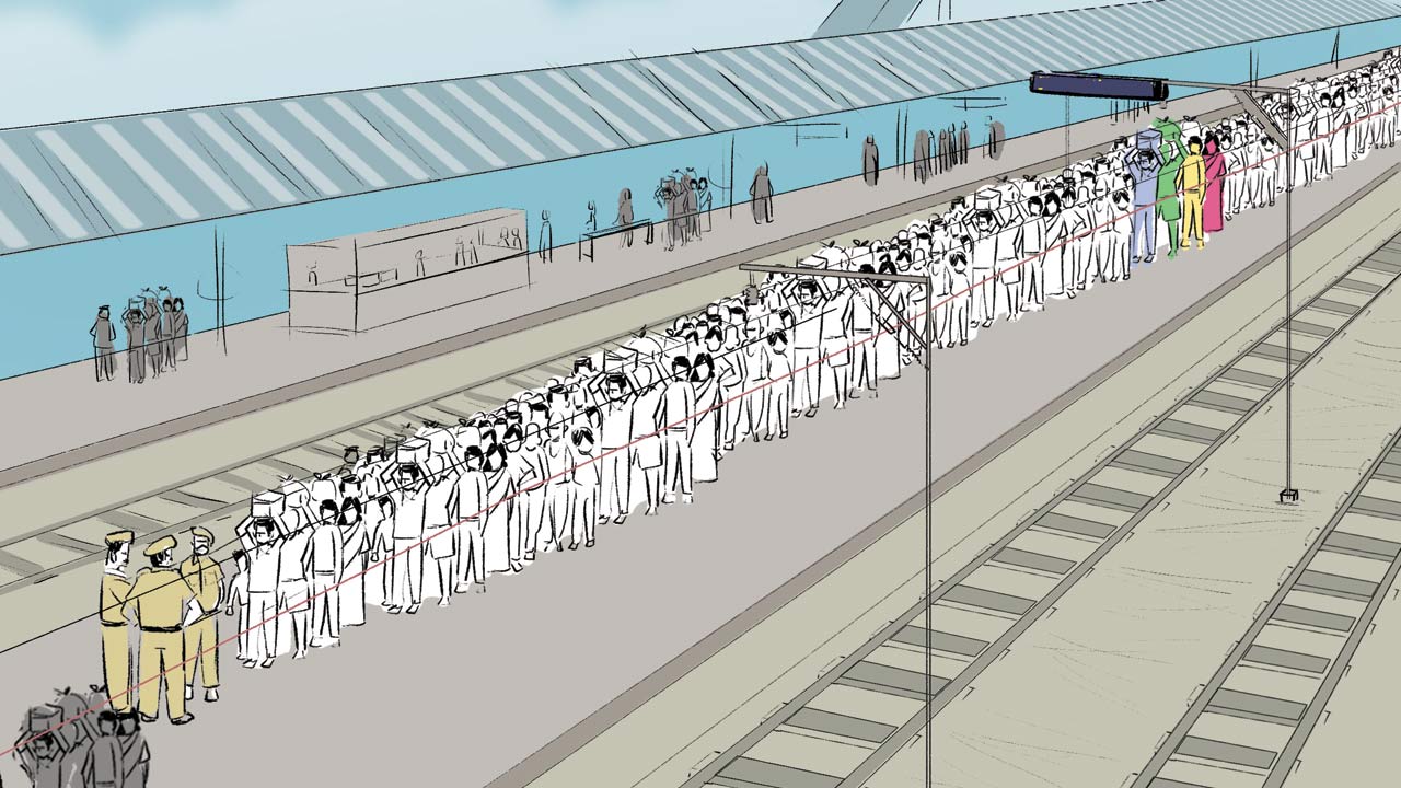 9.45 pm multiple queues build up before the train arrives