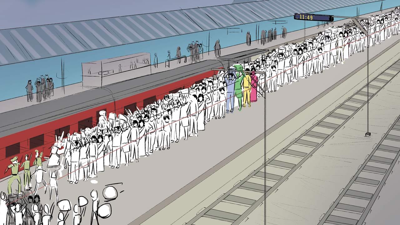 11.49 pm but rogue passengers break the queue when the train arrives