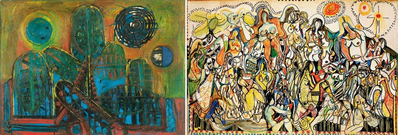 (Left) City, 1958 and (right) Untitled, 1963 by Avinash Chandra