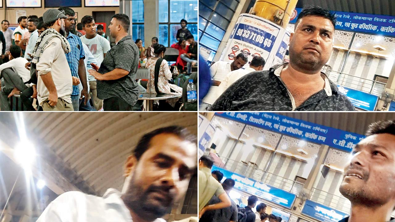 Reporters talking to the scalpers to obtain a train ticket; Agent Jeet Singh; Man who introduced himself as manager; Agent Amjad