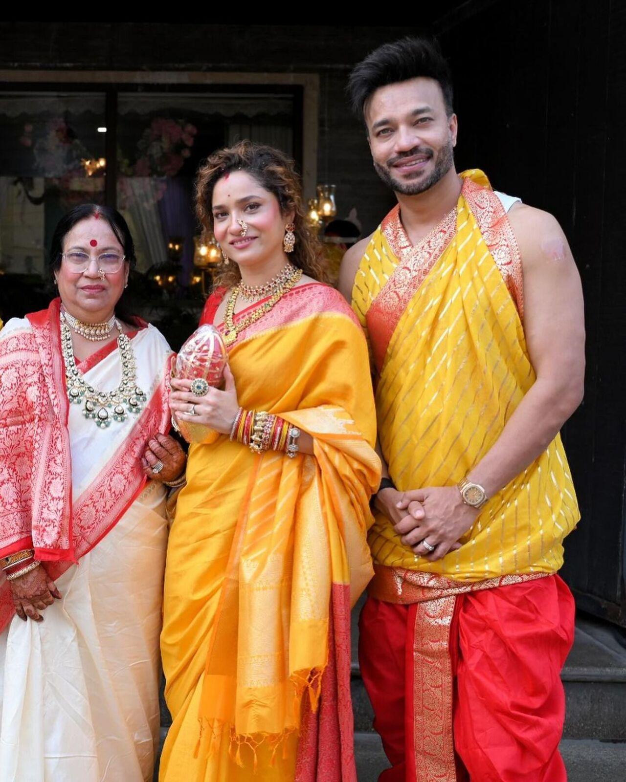 In one image, Ankita and Vicky pose with the former’s mother-in-law, Shree Ranjana Jain. 