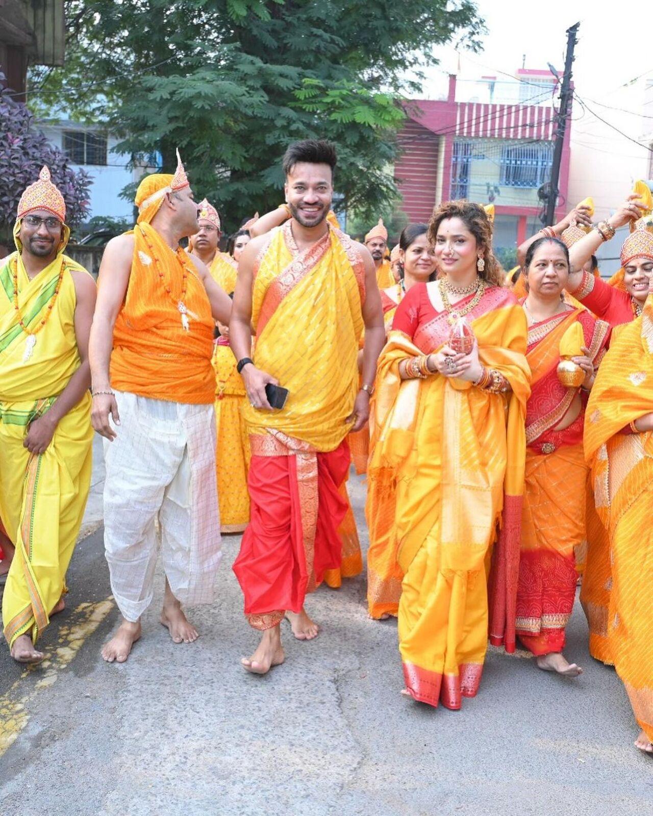 The pictures that Ankita Lokhande and Vicky Jain shared on her Instagram feature the couple dressed in ethnic attire, performing various rituals.