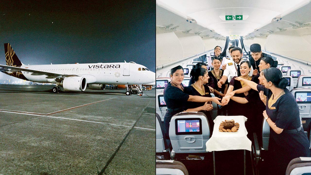 The aircraft (right) Crew members cut a cake inside
