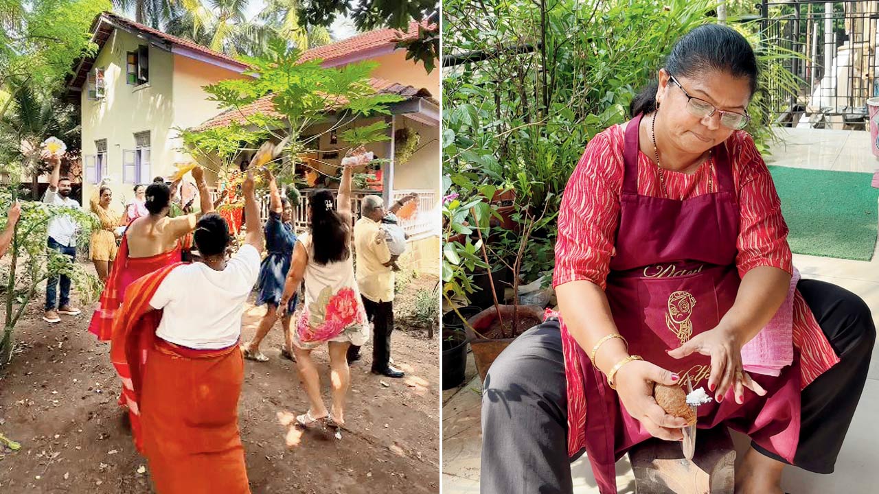 Participants join a traditional dance at last month’s session; (right) a woman prepares grated coconut for a dish ahead of the event