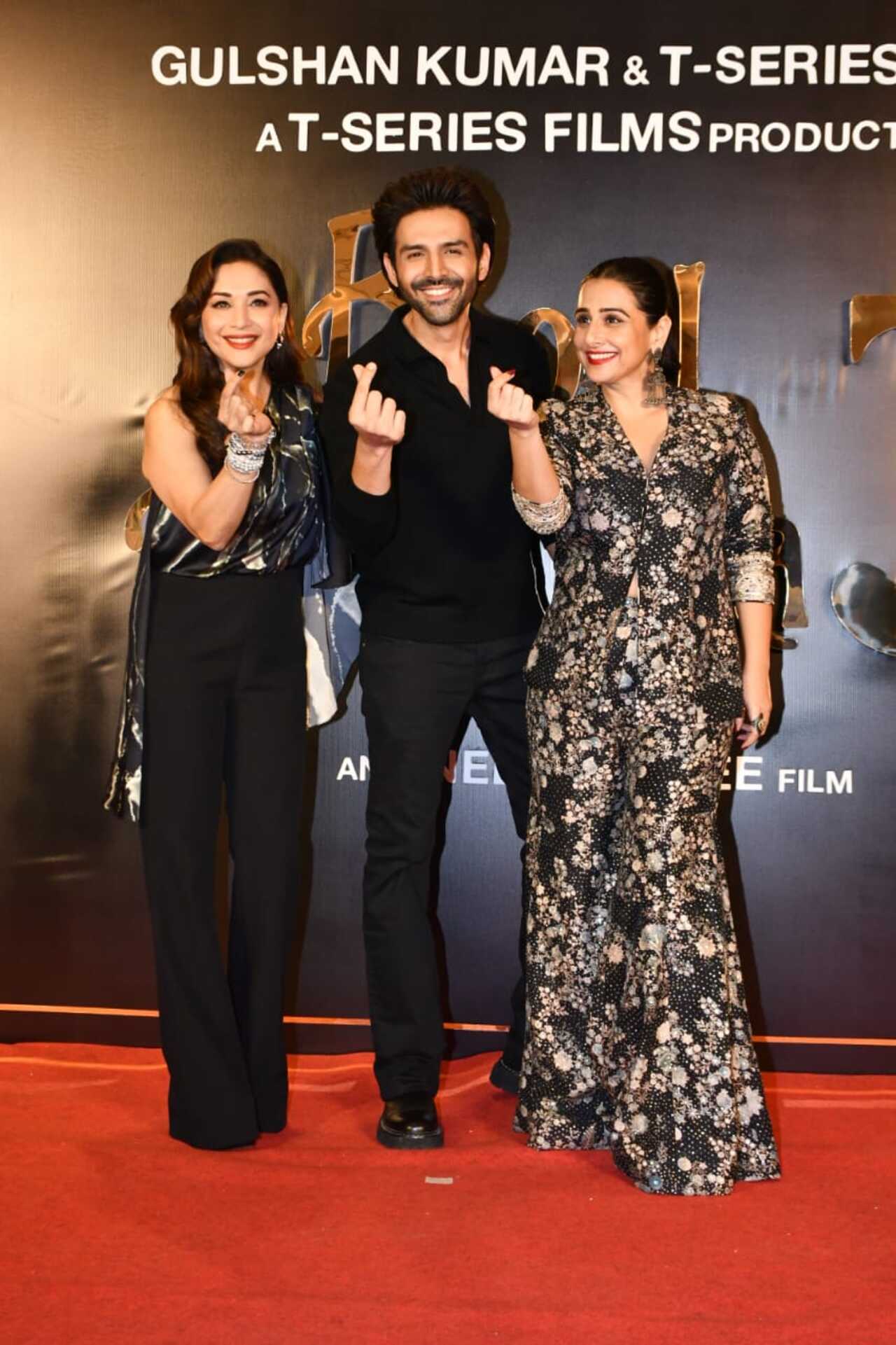 The film's lead cast Madhuri Dixit, Kartik Aaryan, and Vidya Balan were in attendance.
