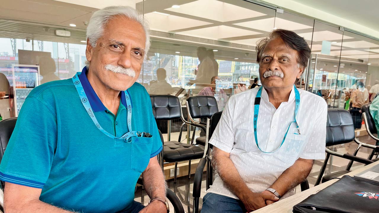 Veteran sports journalists Ayaz Memon (left) and G Viswanath in the Wankhede Stadium press box yesterday