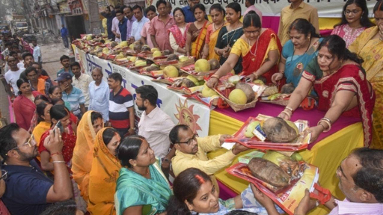 The worship of Surya Dev spans four days and includes a ritual called ‘Arghya,’ performed while standing in knee-deep water