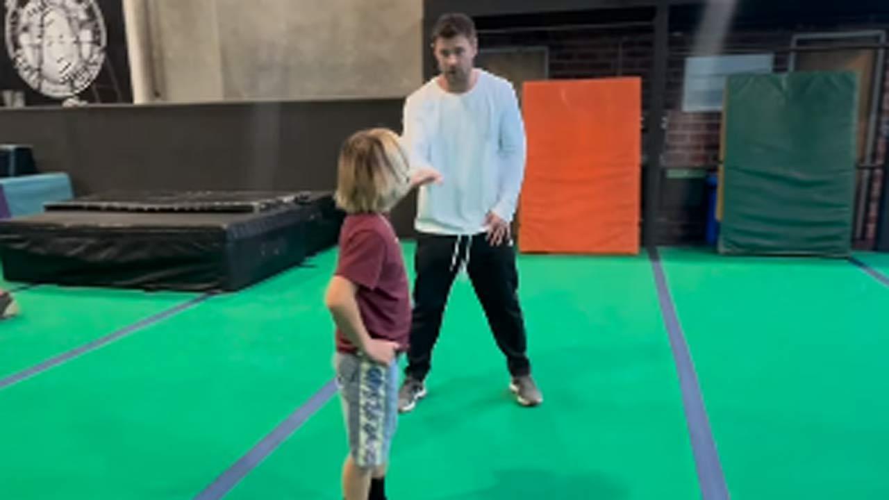Chris Hemsworth flaunts mentoring skills as he teaches son how to do a backflip