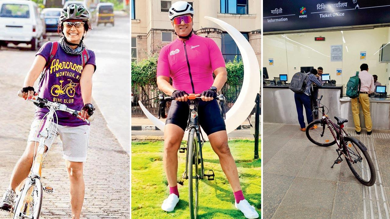 Firoza Dadan, Mumbai’s first bicycle mayor; Cycling enthusiast and Bhuleshwar resident Ravi Agarwal; Mayank Gaggar and his cycle at Bandra Colony Metro station