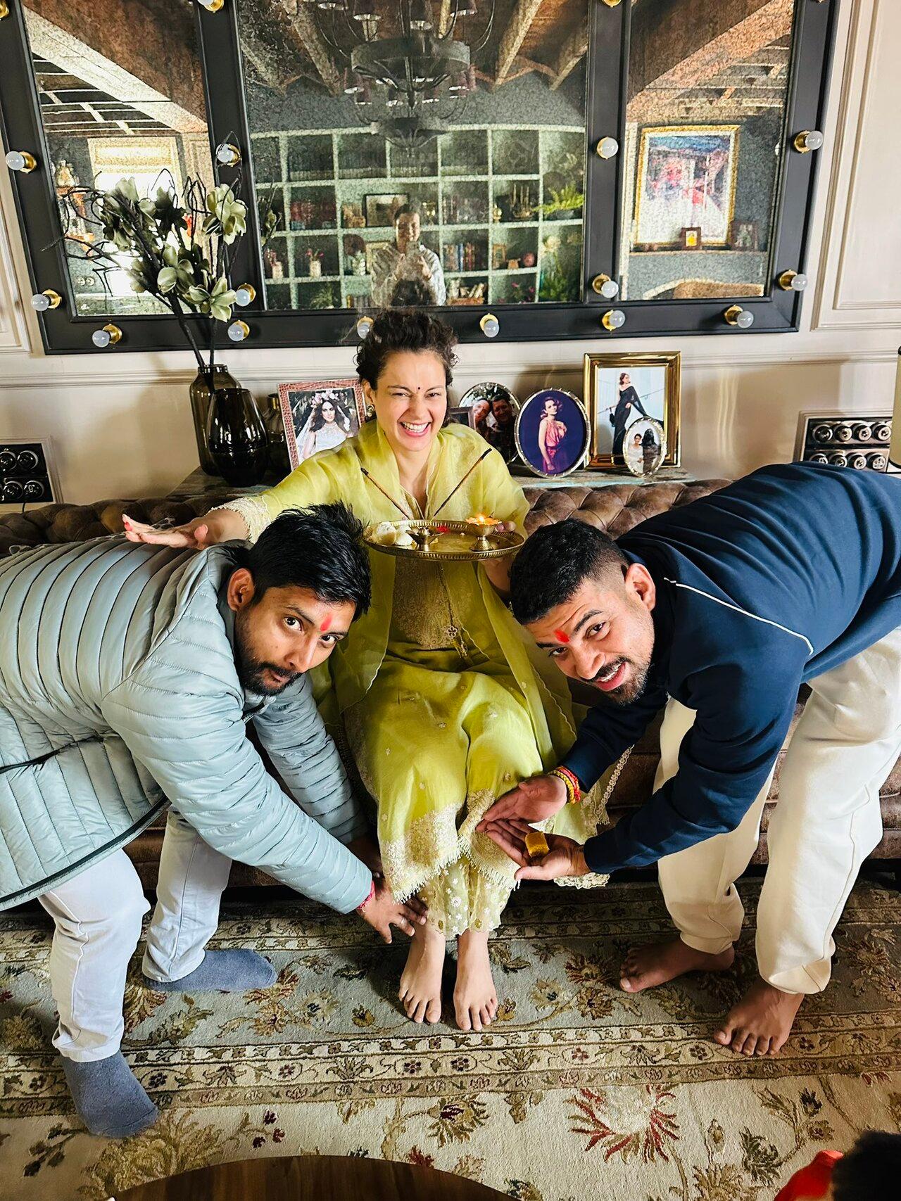 The actress posted a sweet photo of herself giving blessings to her brothers, Akshat and Karan.