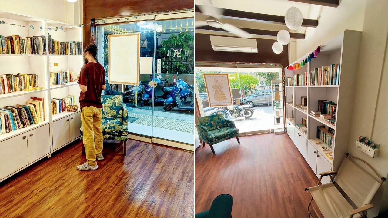 A visitor browses through the collection; (right) a view of the reading corner