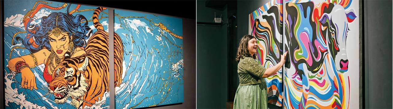 A painting from Sachdev’s Oorja collection; (right) a visitor experiences the painting at the gallery
