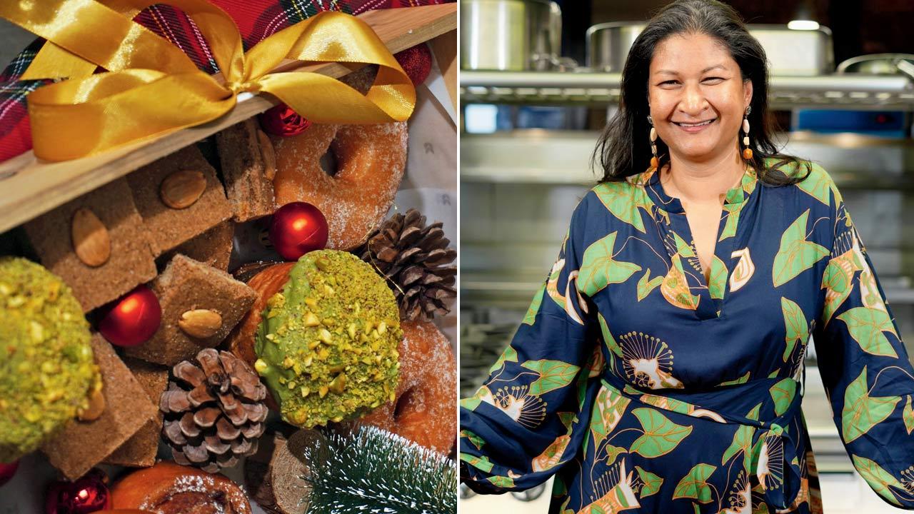An advent box from the past edition containing seasonal goodies; (right) Gauri Devidayal