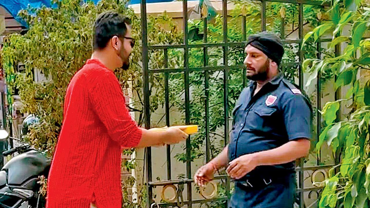 Agate interacts with a security guard 