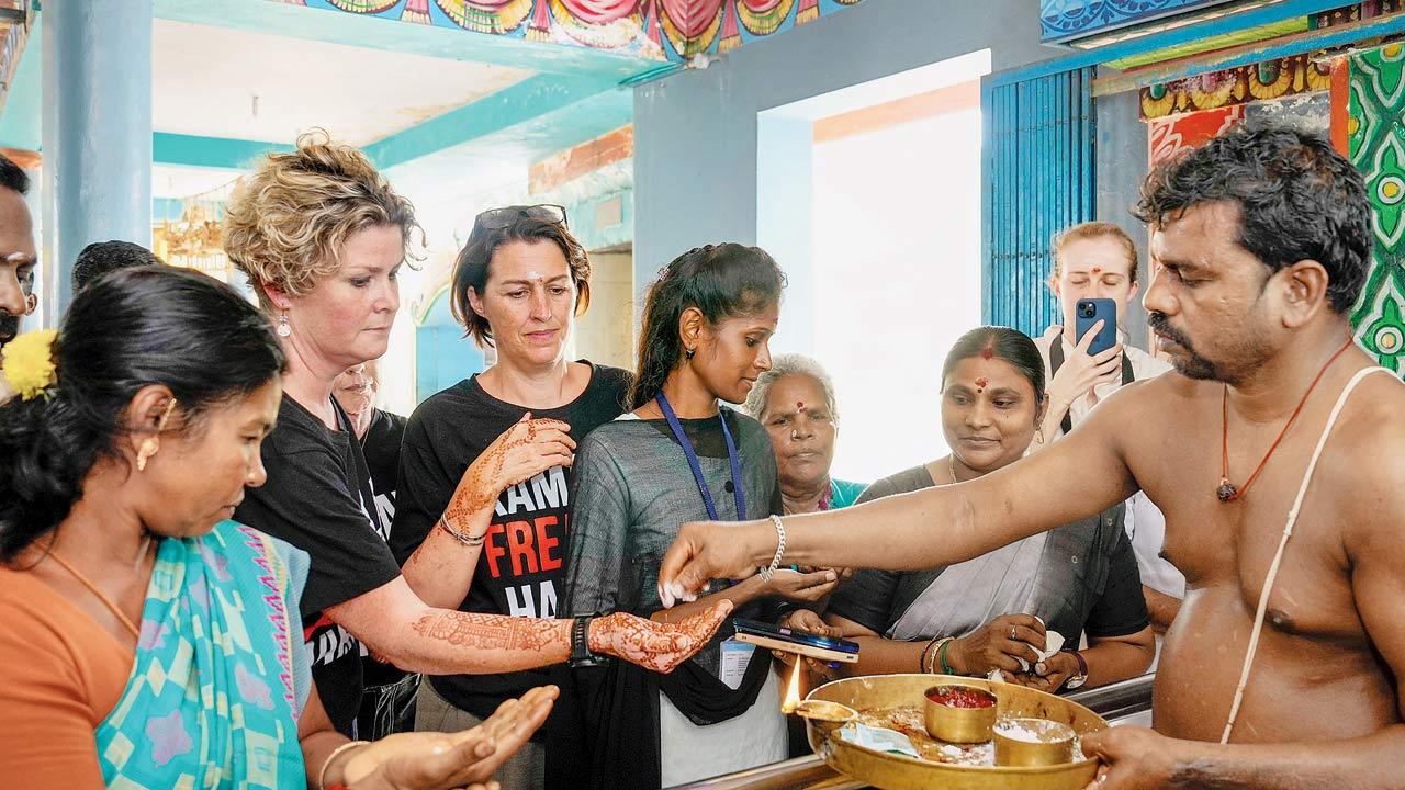 Kamala Harris supporters who came from US participate in puja in Harris’s ancestral village in Tamil Nadu. Pic/PTI