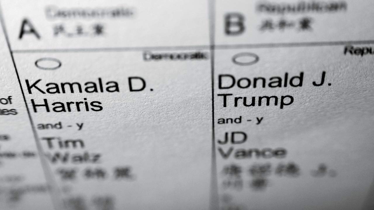 Candidates’ names are seen on part of a mail-in election ballot in New York. Pic/PTI
