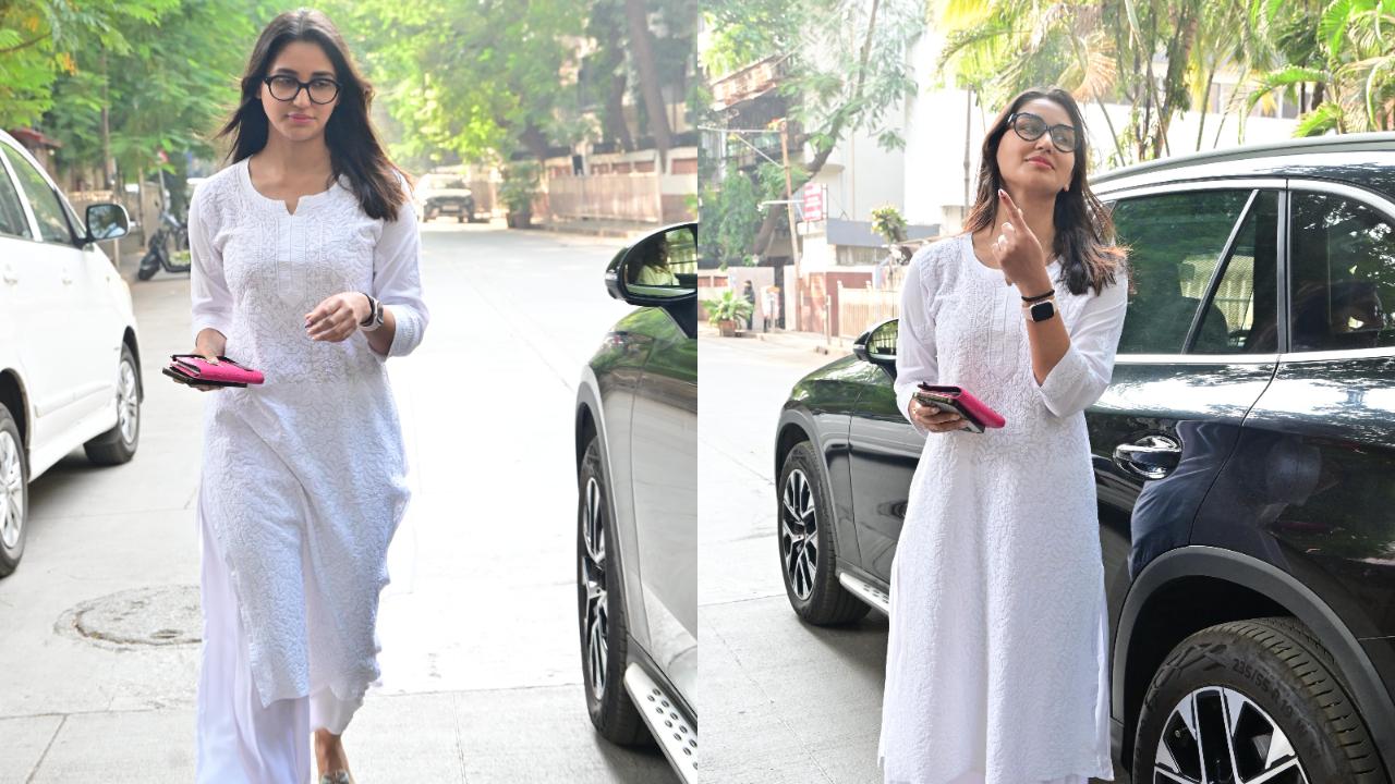 Ethnic elegance
Light ethnic wear like sarees and kurtas can also be a good choice for voting day.
Actor Nikita Dutta was also spotted wearing a white chikankari kurta at the polling booth. (Pic: Yogen Shah)