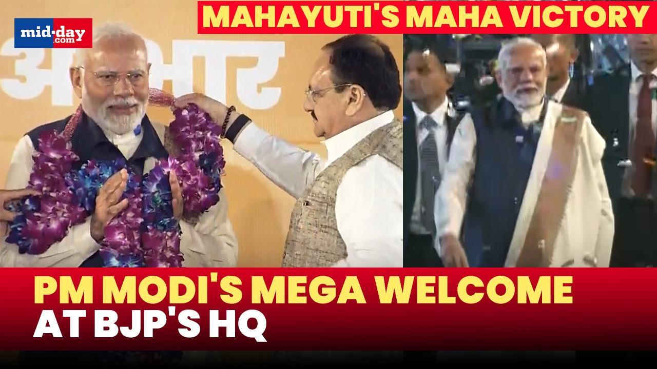 Maharashtra`s victory: PM Modi gets grand welcome at BJP headquarters