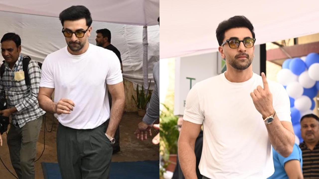 Ranbir Kapoor opted for the classic black and white combination, wearing a white tee and black trousers. A stylish pair of sunglasses and a gold watch completed the look. (Pic: Ashish Raje)