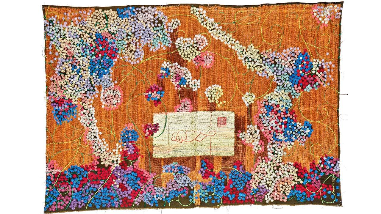 Ranjith Raman translates instinctive ideas into tactile forms using cotton, silk threads, glass beads and hand embroidery, giving abstract concepts tangible expression in Reminiscence of a Celestial Affair