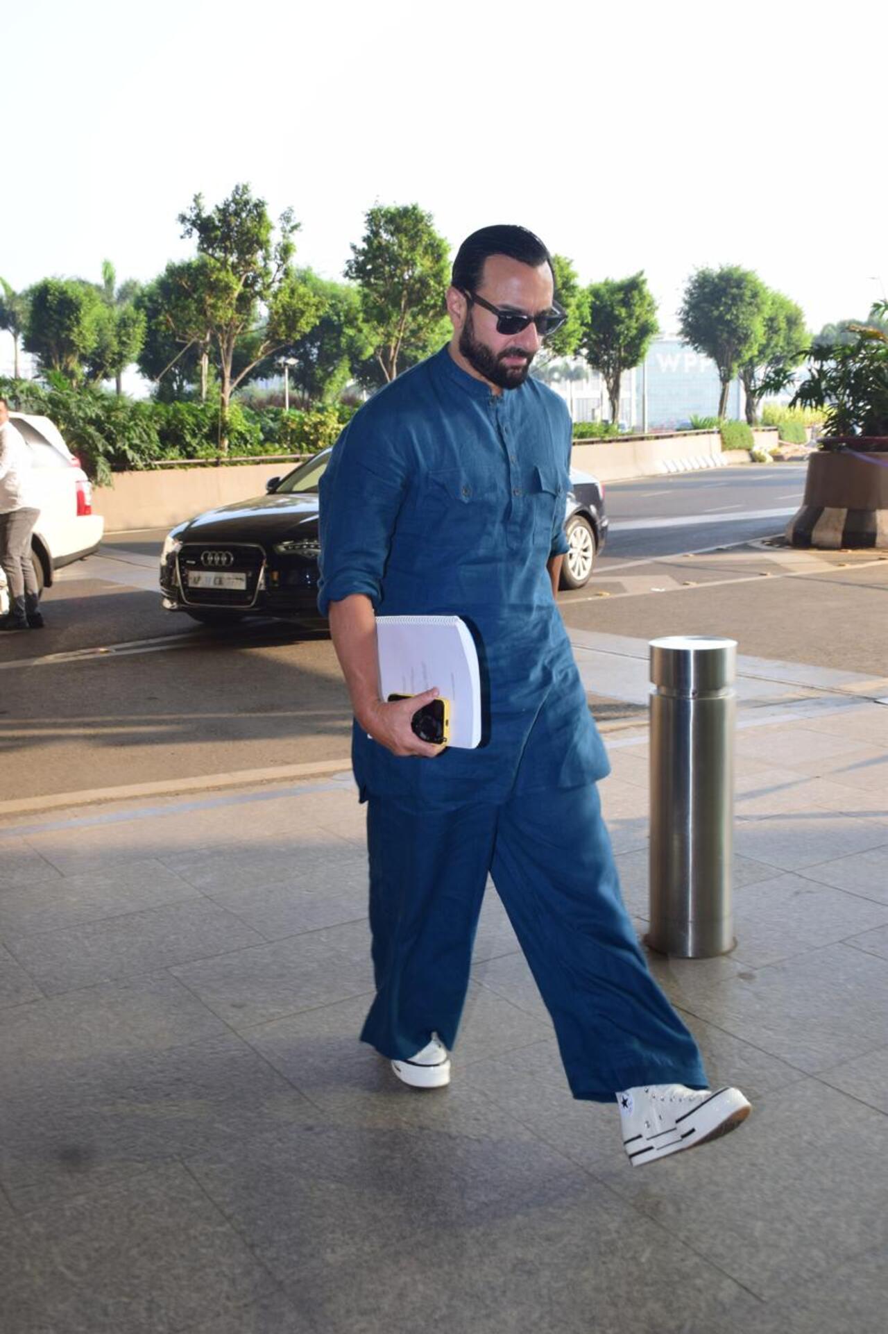 Saif Ali Khan was spotted in a blue kurta pajama look at the airport on Thursday morning looking dashing as ever