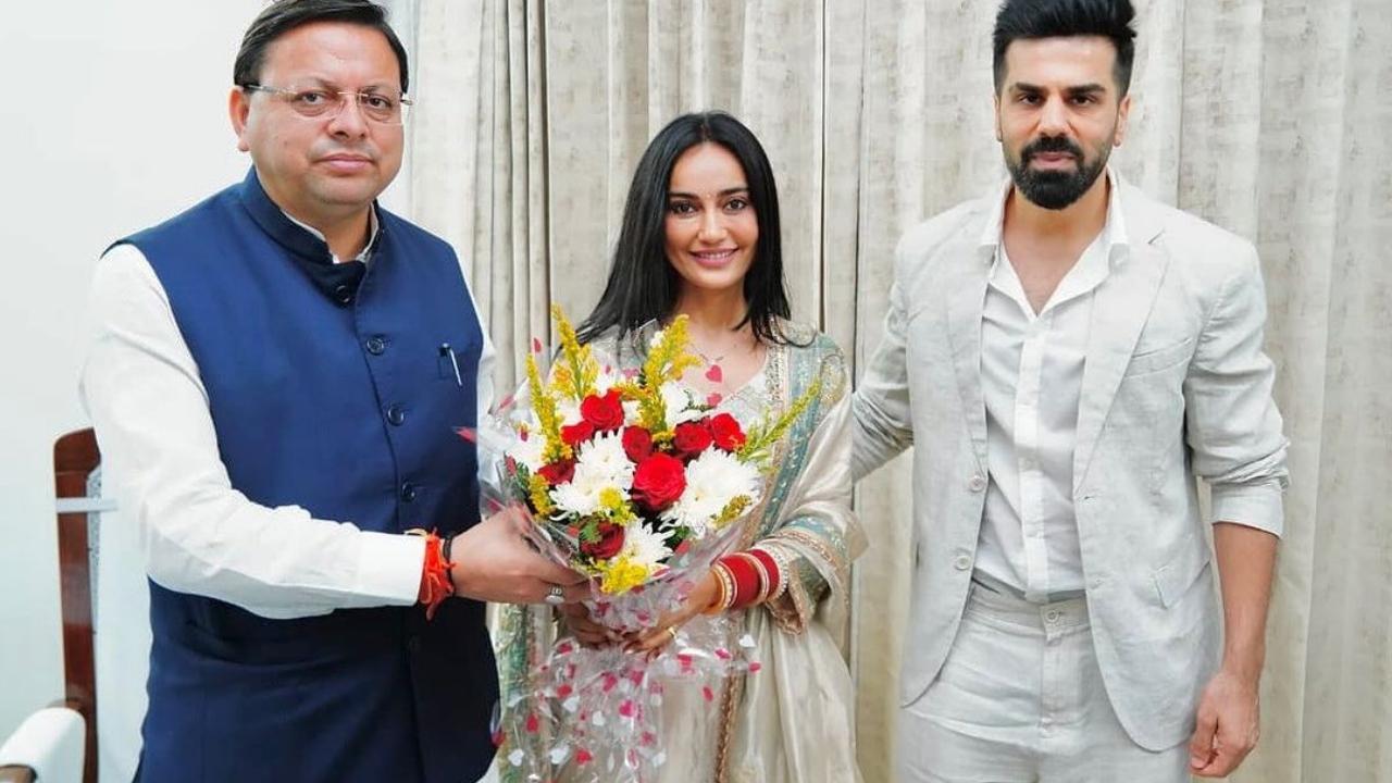 Newlyweds Surbhi Jyoti, Sumit Suri meet Uttarakhand CM Pushkar Singh Dhami