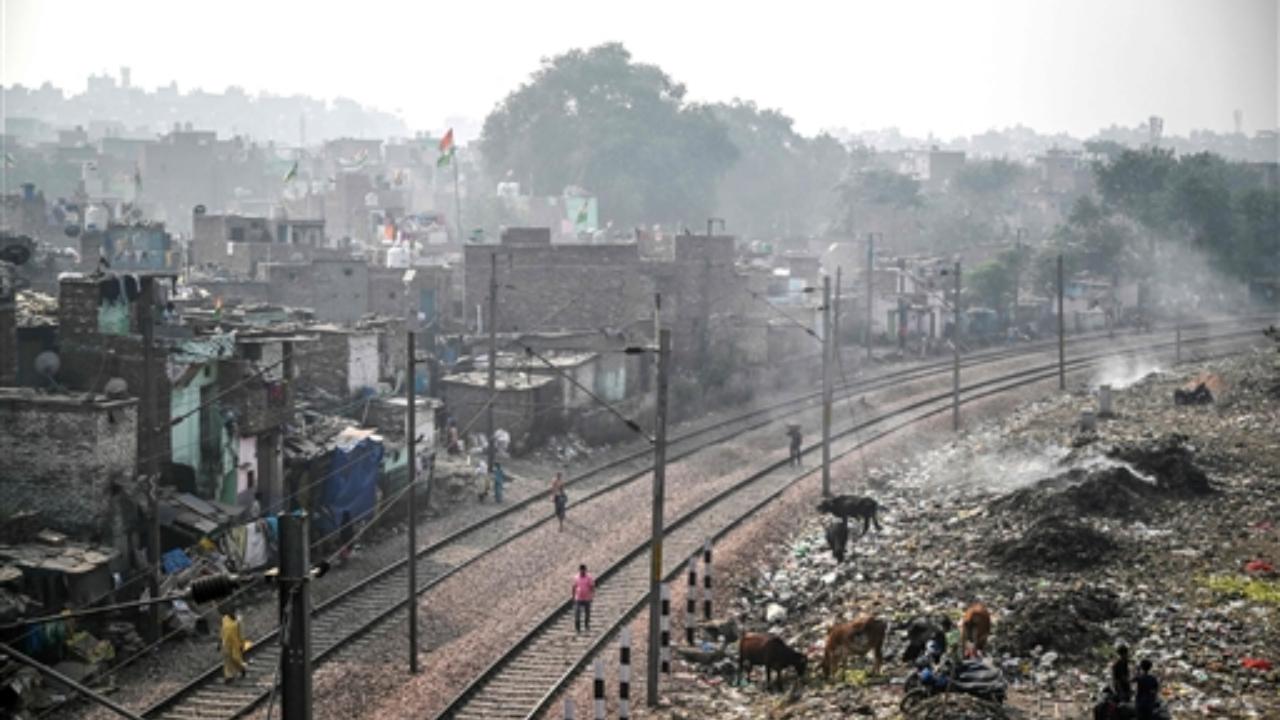Residents walk past animals feeding on waste at a burning garbage dump, as smog engulfs a residential area along railway tracks in New Delhi