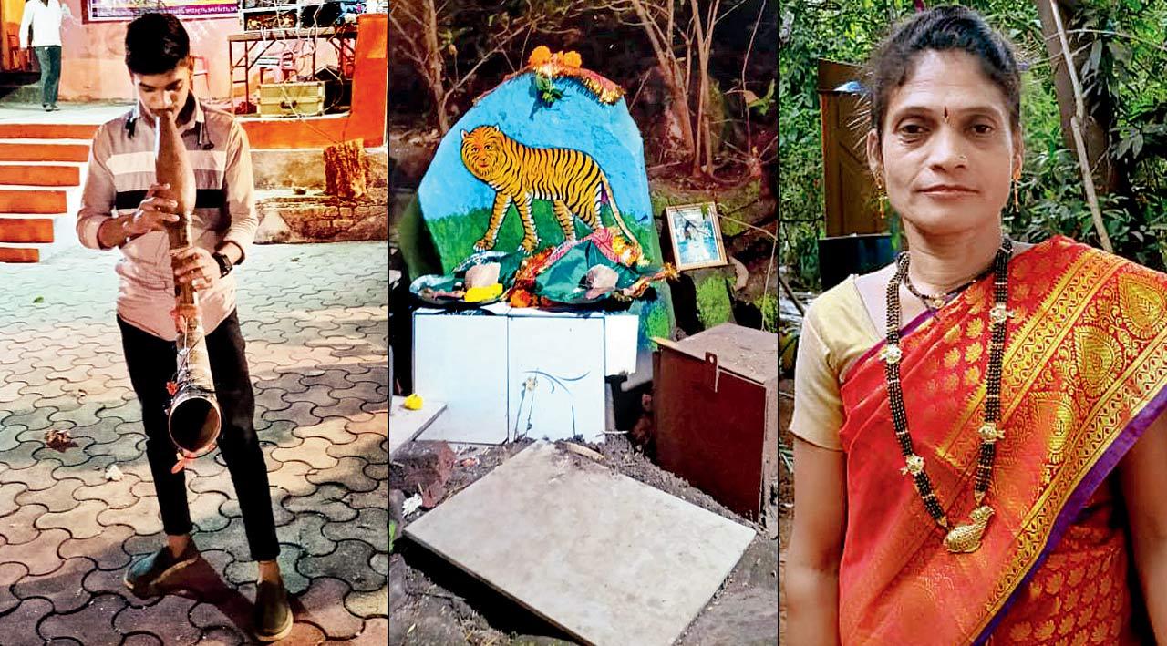 A shrine of Wagh Dev (right) a local artiste plays Tarpa