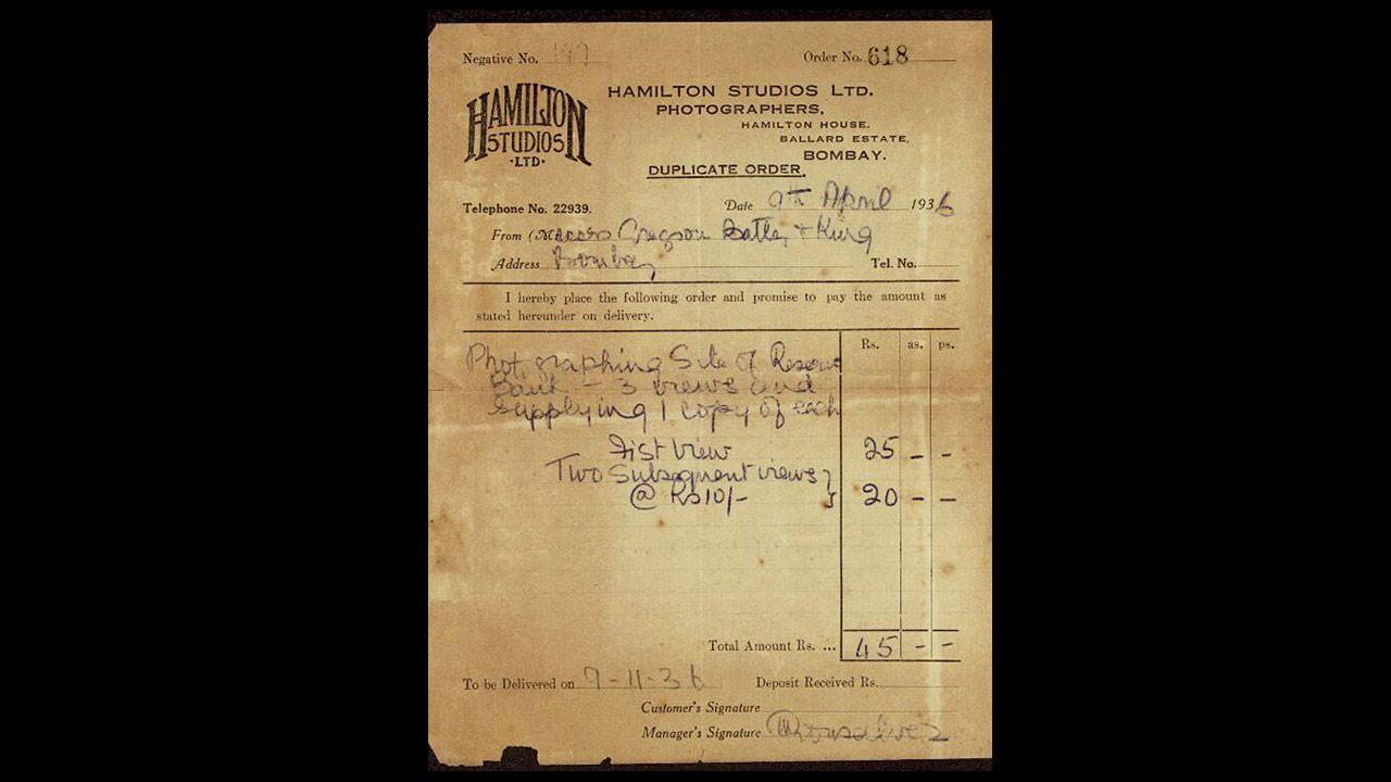 An invoice by the studio for the photoshoot of the RBI site dated 1937. Pic Courtesy/Hamilton Studios. The British Library Endangered Archive Project, Coventry Digital