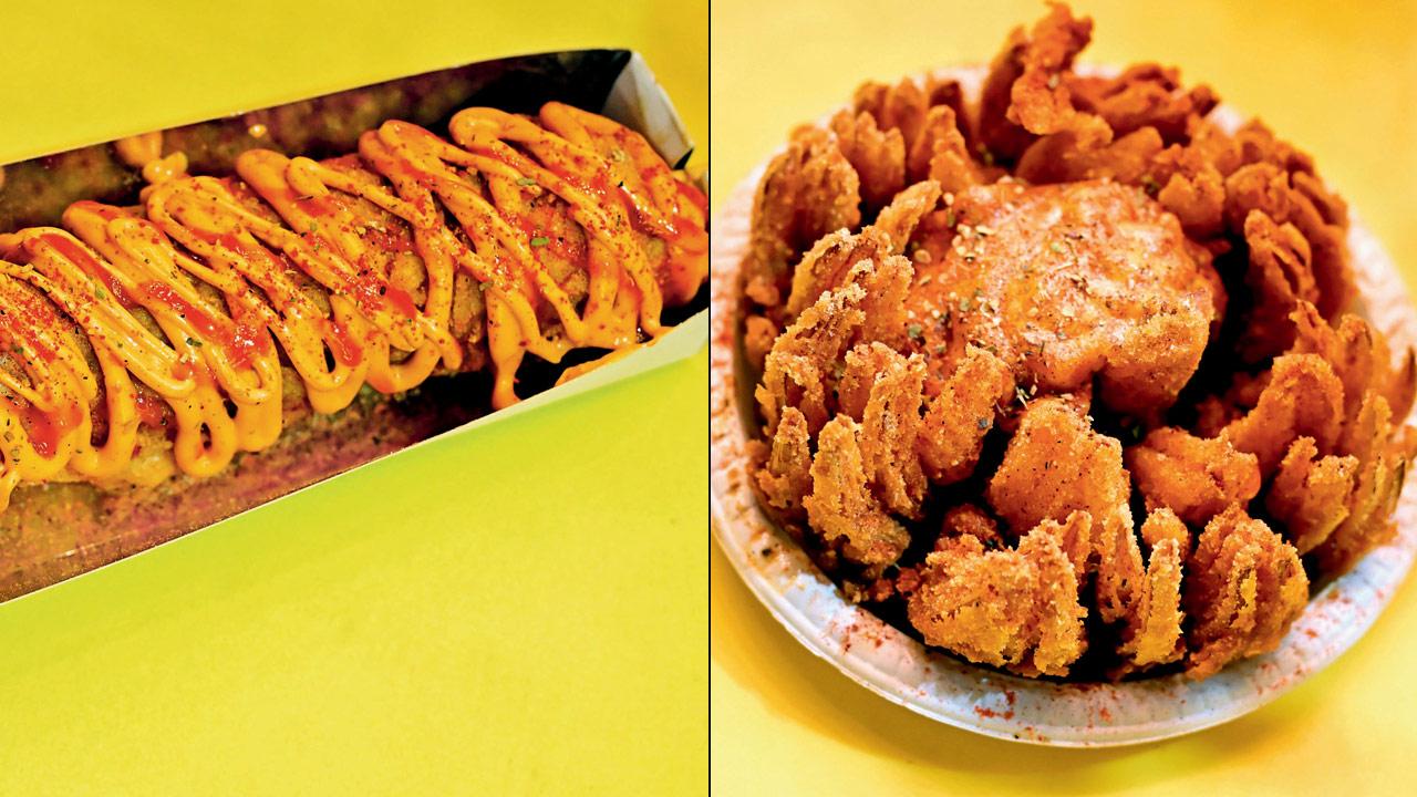 Peri peri blooming onion and major spicy supreme corn dog topped with a special sweet and spicy sauce