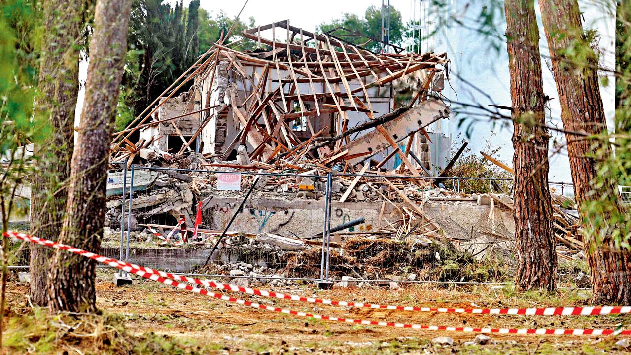 A destroyed building is pictured in Hod HaSharon in the aftermath of an Iranian missile attack on Israel. Pics/PTI