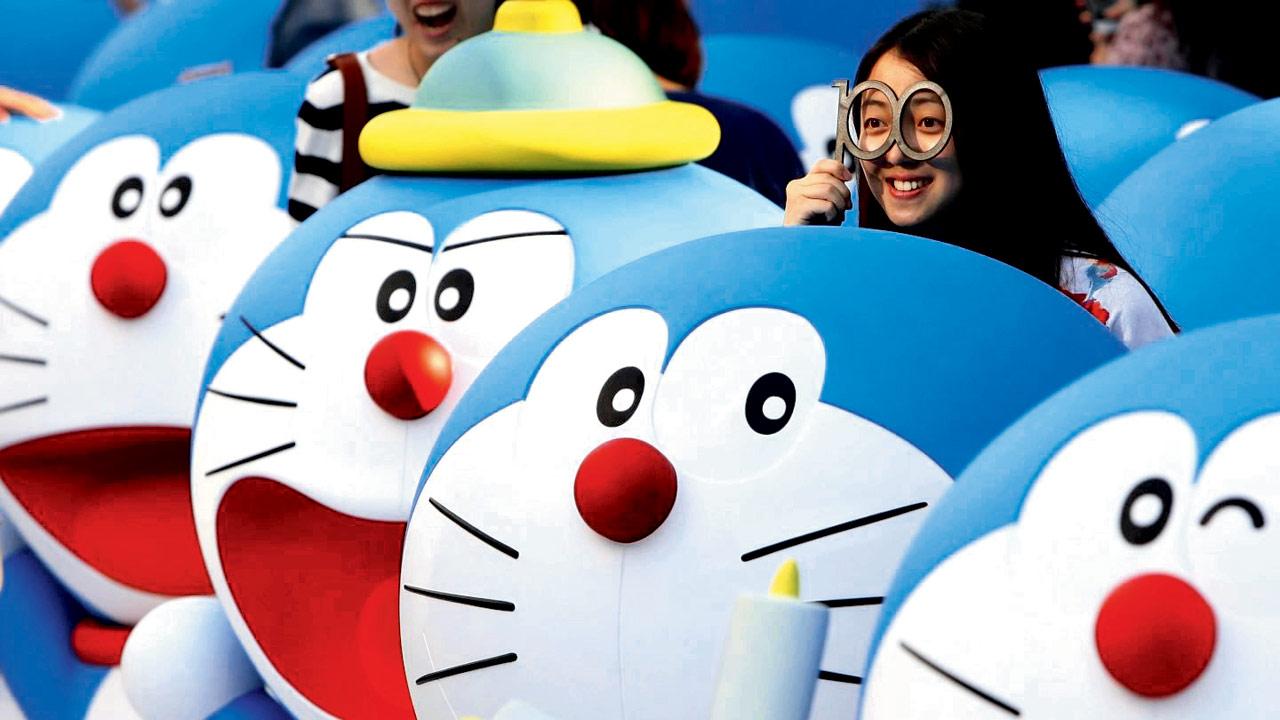 Models of Doraemon displayed in Shanghai. Pics/AFP