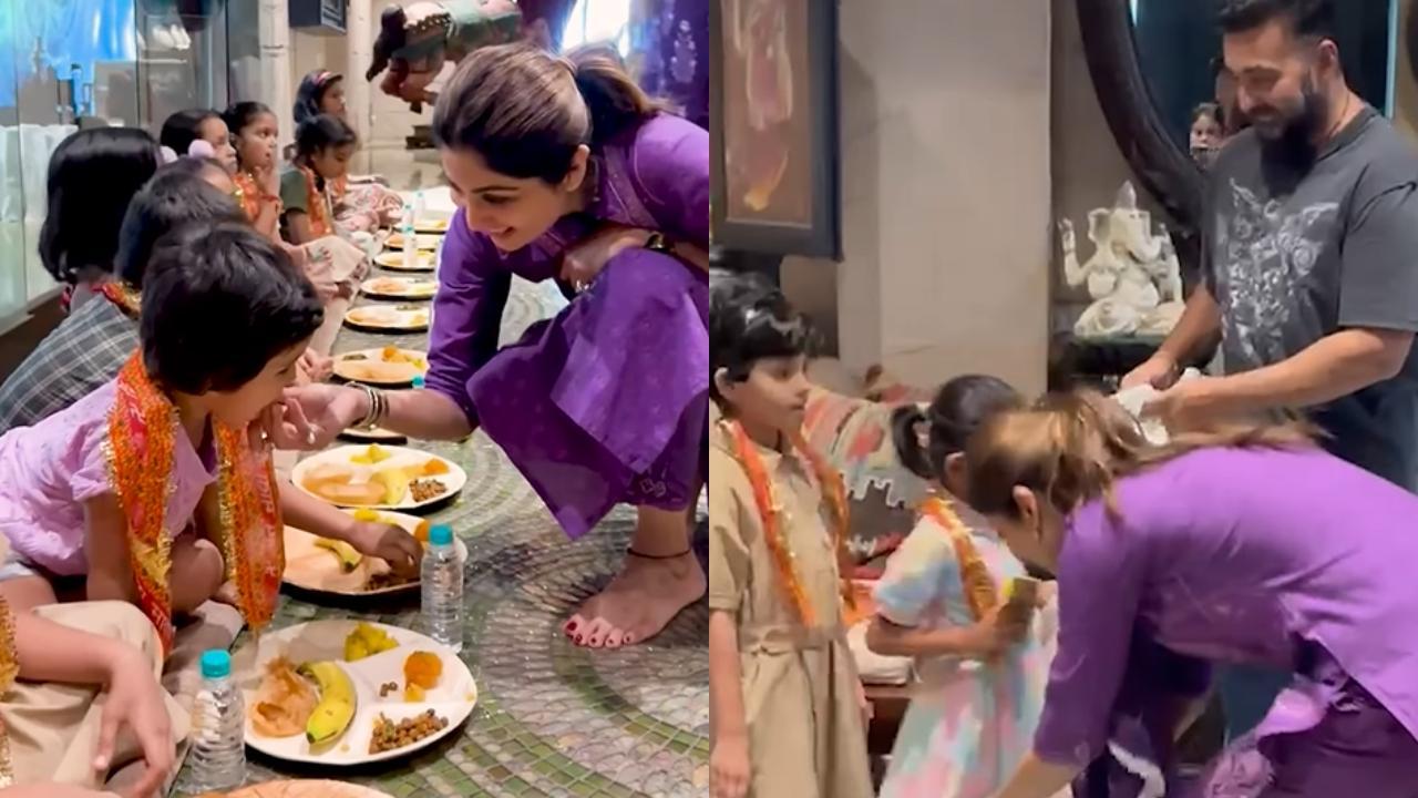 Durga Puja 2024: Shilpa Shetty and Raj Kundra touch feet of little girls as they host kanya puja at home, watch