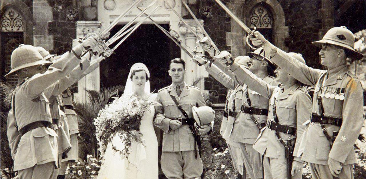 A photograph featuring the wedding of Mr and Mrs Newman-Sanders  at Marine Lines in 1937