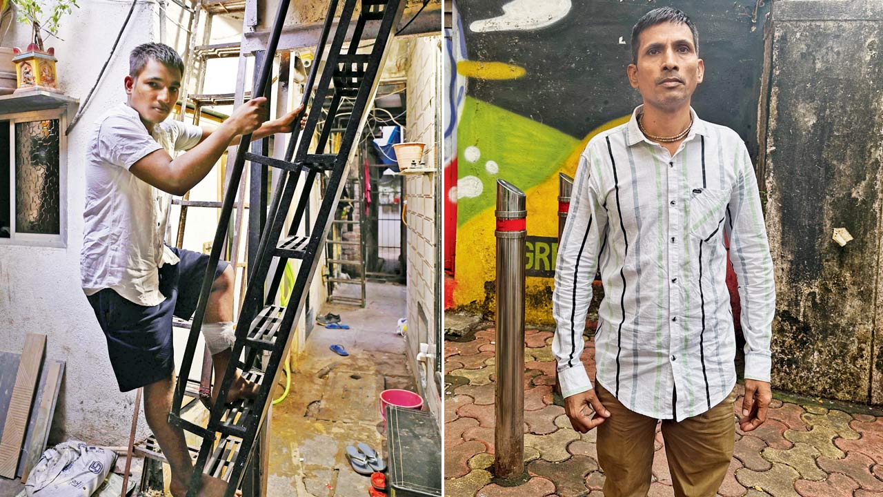 Raj Nirmal at his rented house after being discharged. Pic/Ashish Raje; (right) Matafer Kannaujia, father of Raj Nirmal, outside Bhabha hospital