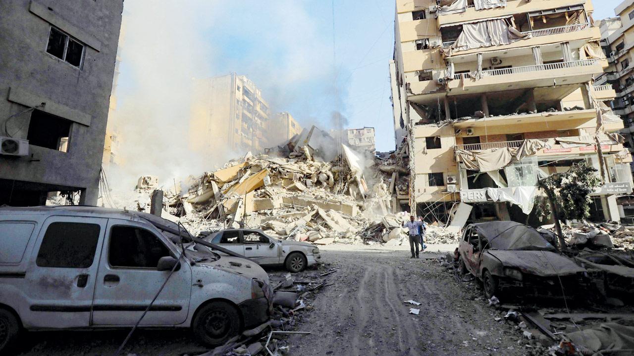 Buildings targeted by an Israeli airstrike in Moawwad, southern Beirut