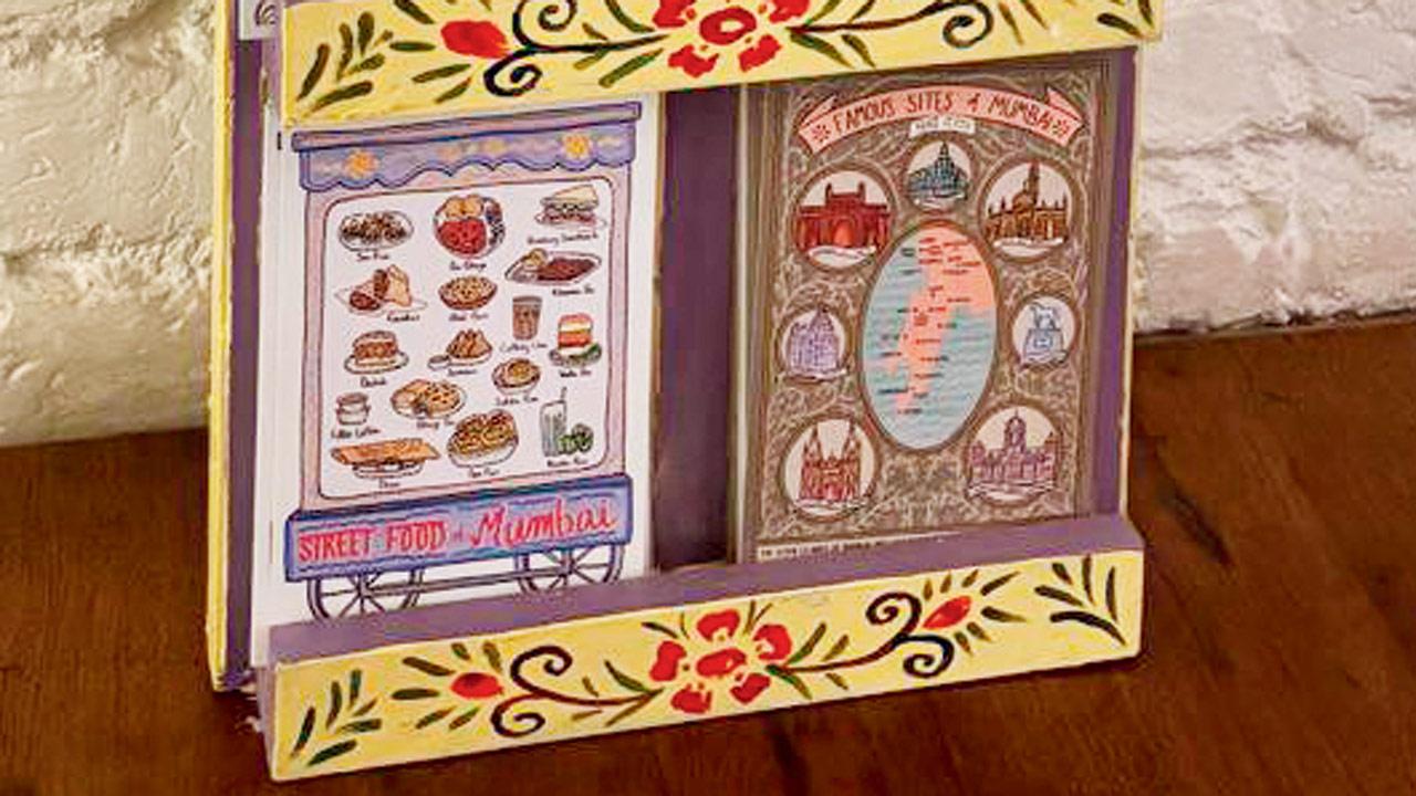 The postcards sport elements like street food, maps and architecture of Mumbai