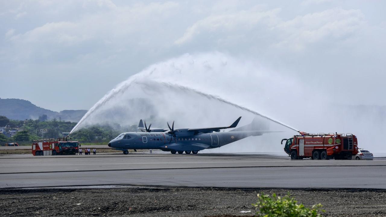 The IAF aircraft gets water cannon salute 