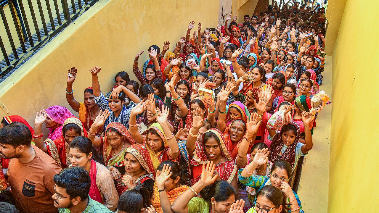 Devotees at Shila Mata Mandir at the Amer Fort on the first day of the Navratri festival, in Jaipur, on October 3. 